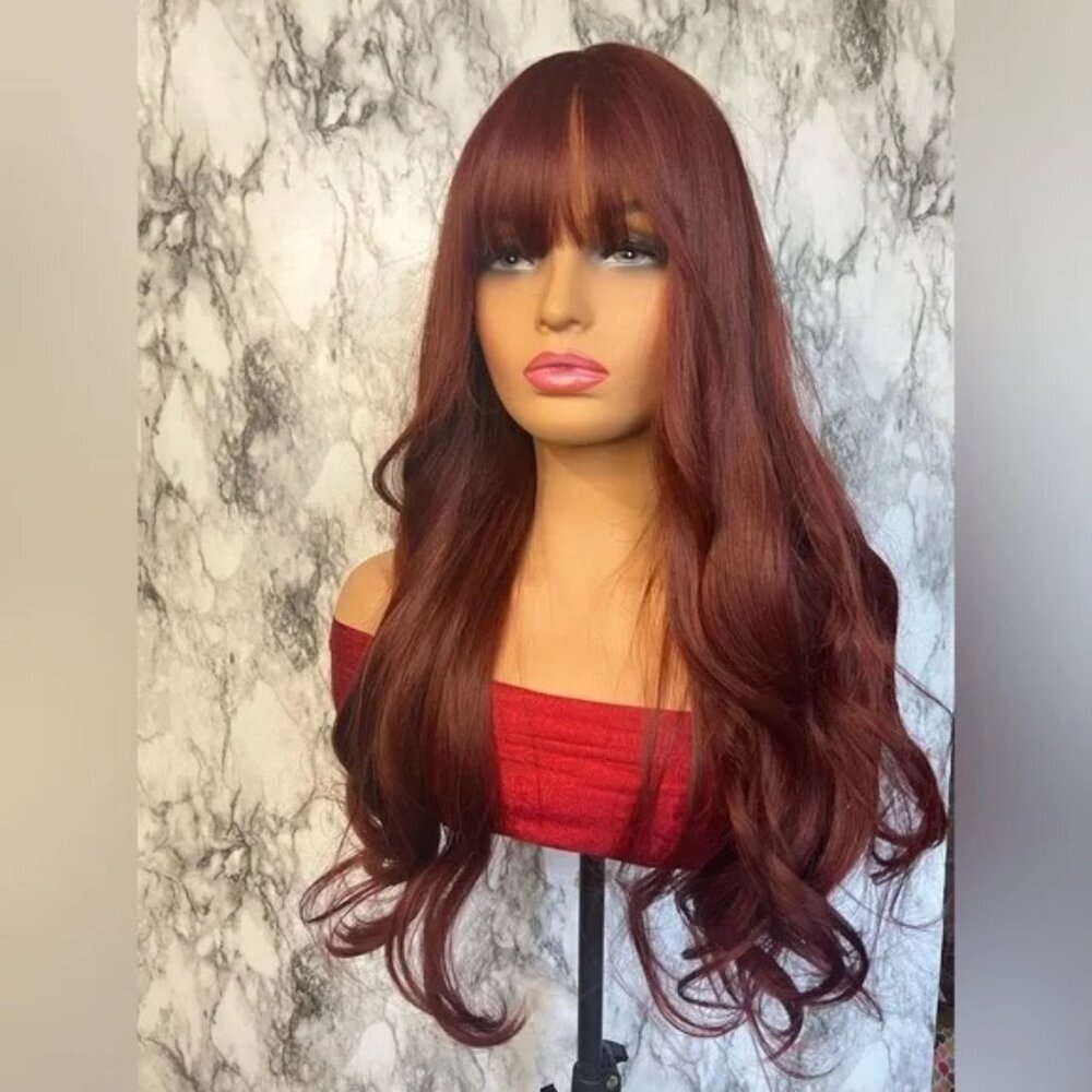 Burgundy Red Long Wavy Wig with Bangs Natural Realistic Hair look - Picture 3 of 14